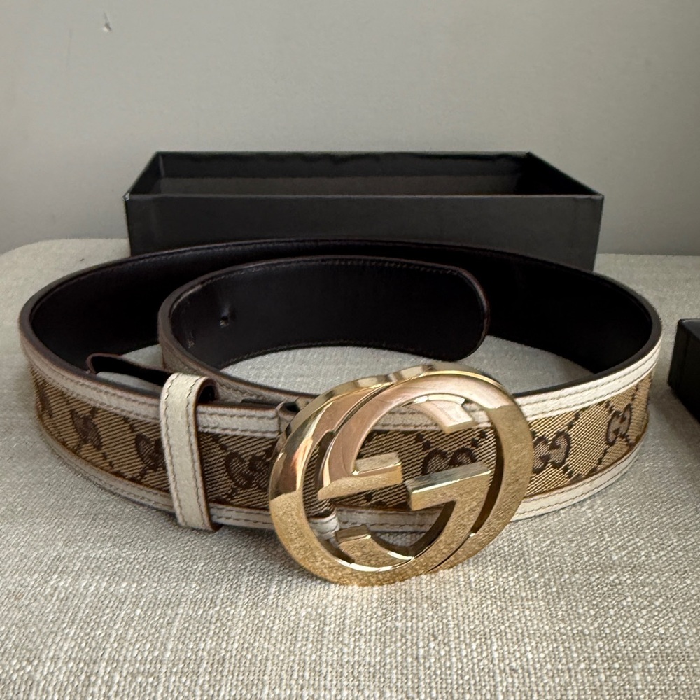 Gucci Tan Beige GG Canvas Belt with Gold Double G Buckle, 35.5” total length